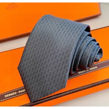 Hermes H Jacquard Silk Tie Dark Blue 2025 0724 (XMN-250724119)