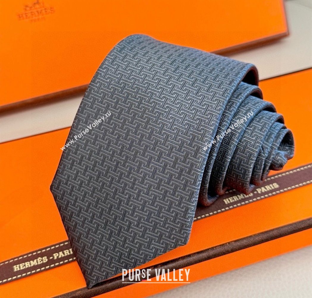 Hermes H Jacquard Silk Tie Dark Blue 2025 0724 (XMN-250724119)