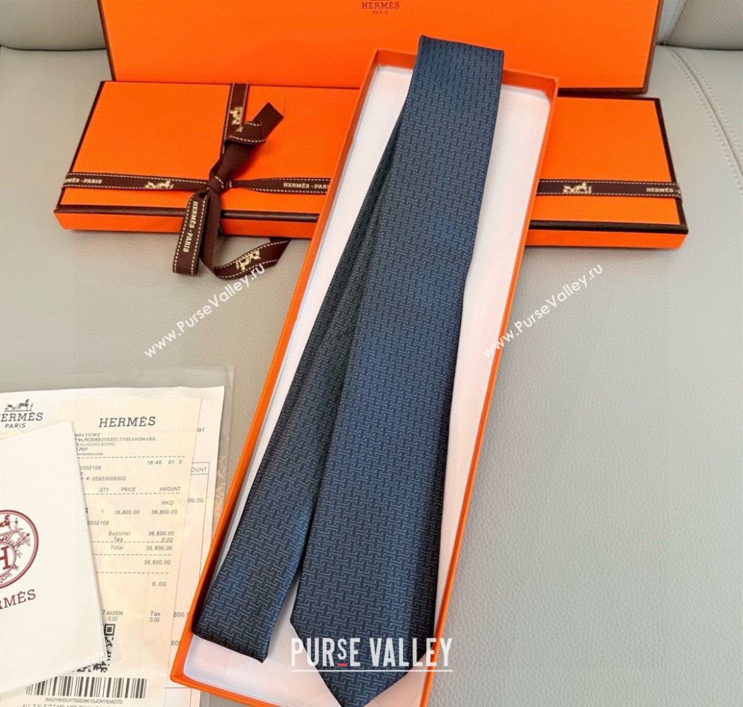 Hermes H Jacquard Silk Tie Dark Blue 2025 0724 (XMN-250724119)