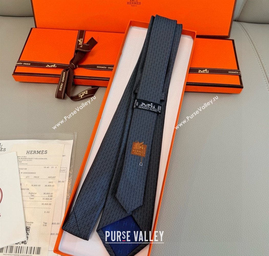 Hermes H Jacquard Silk Tie Dark Blue 2025 0724 (XMN-250724119)