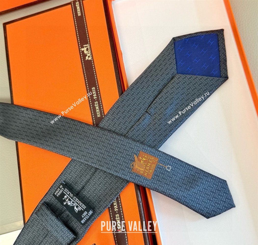 Hermes H Jacquard Silk Tie Dark Blue 2025 0724 (XMN-250724119)