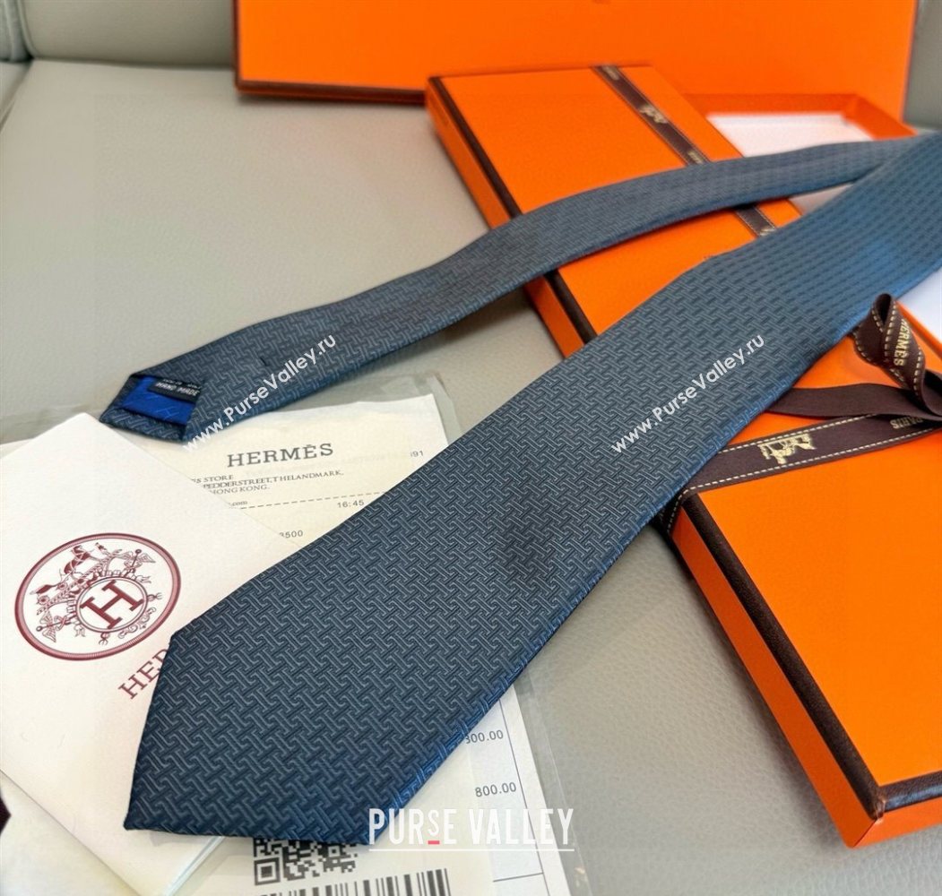 Hermes H Jacquard Silk Tie Dark Blue 2025 0724 (XMN-250724119)