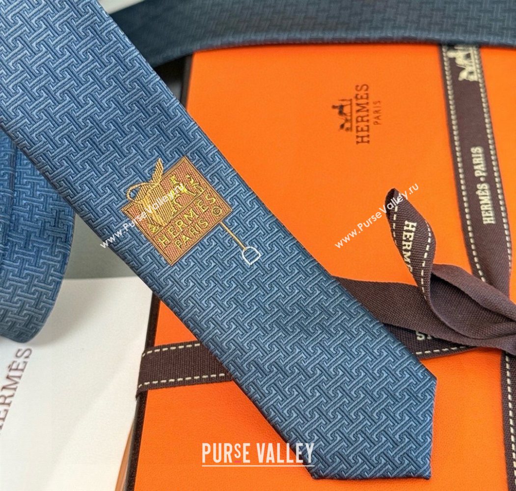 Hermes H Jacquard Silk Tie Dark Blue 2025 0724 (XMN-250724119)