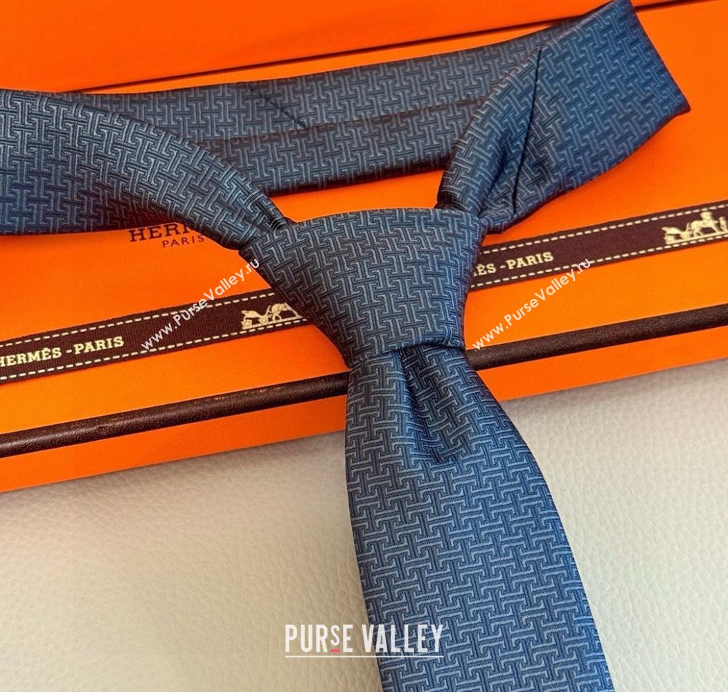 Hermes H Jacquard Silk Tie Dark Blue 2025 0724 (XMN-250724119)