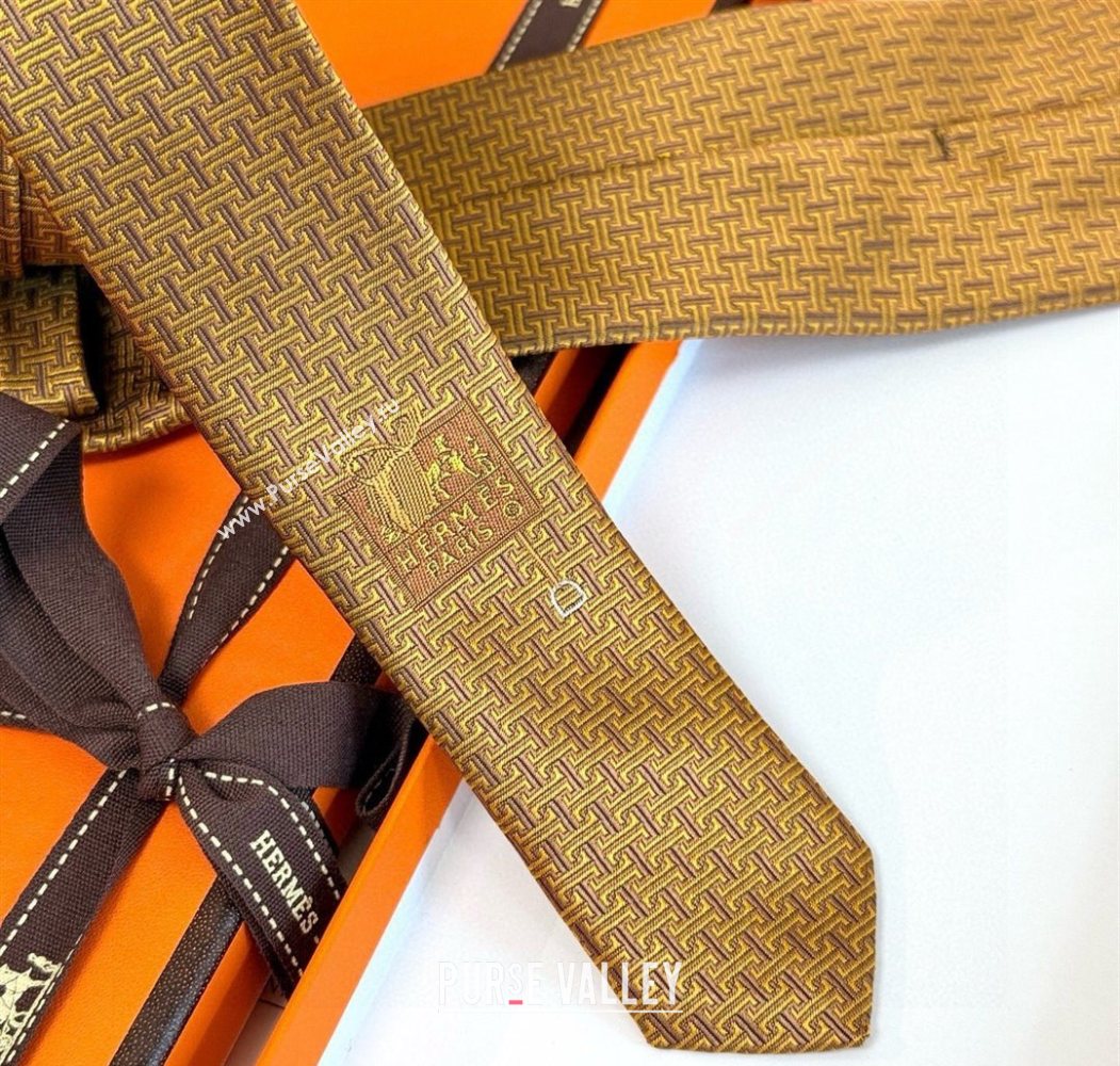 Hermes H Jacquard Silk Tie Gold Yellow 2025 0724 (XMN-250724120)