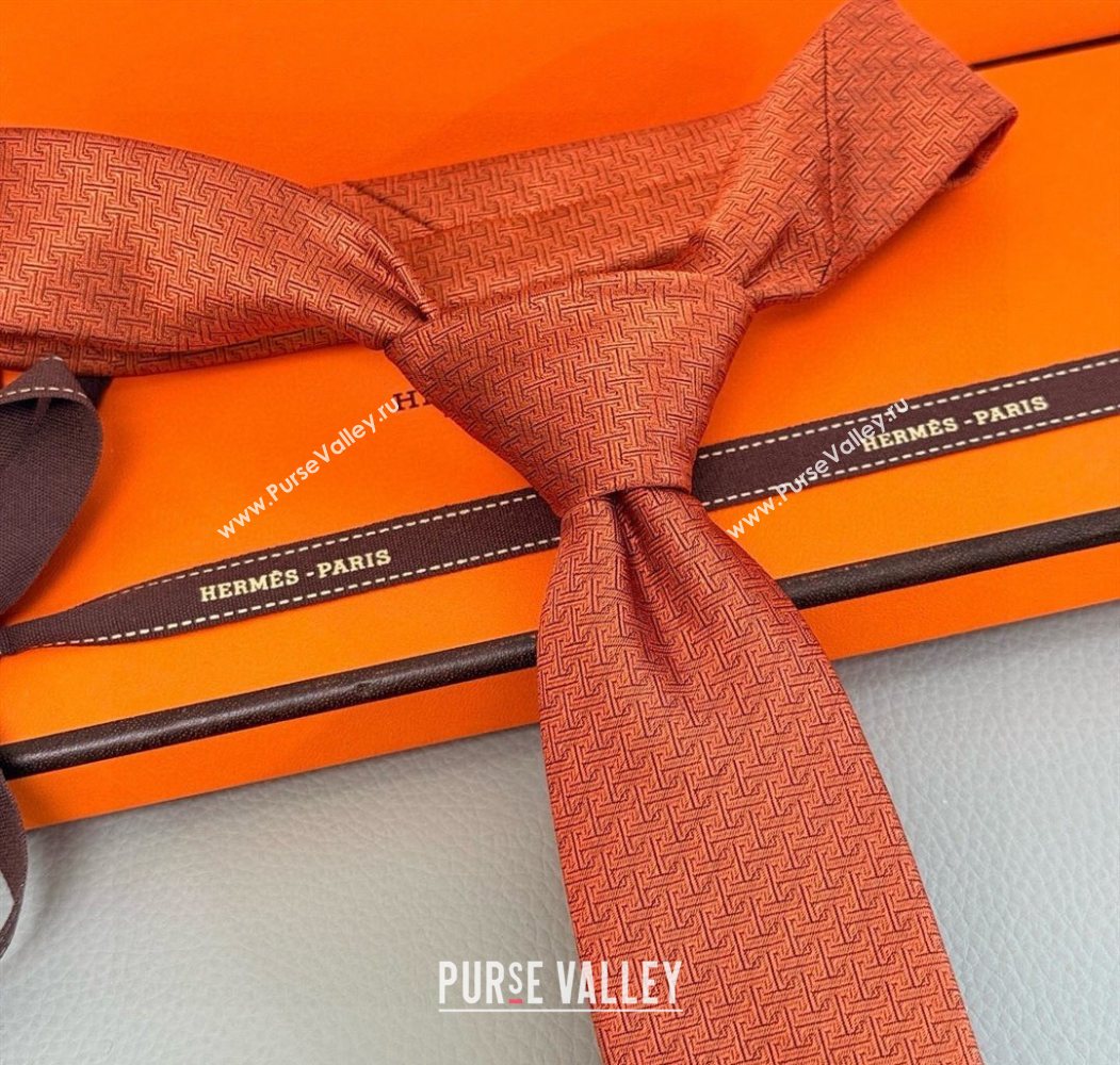 Hermes H Jacquard Silk Tie Orange 2025 0724 (XMN-250724121)