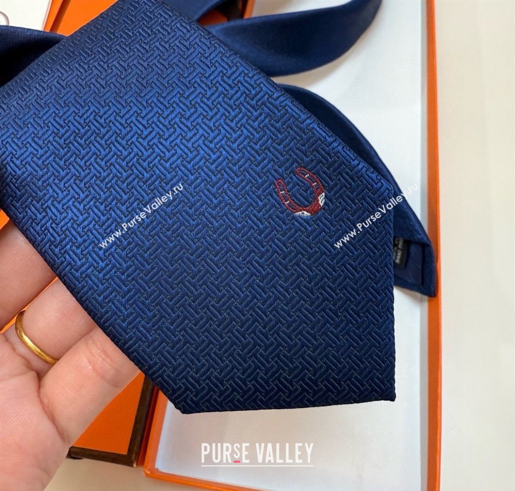 Hermes Unie Fer a Cheval Silk Tie Navy Blue 2025 HS091033 (XMN-250910102)