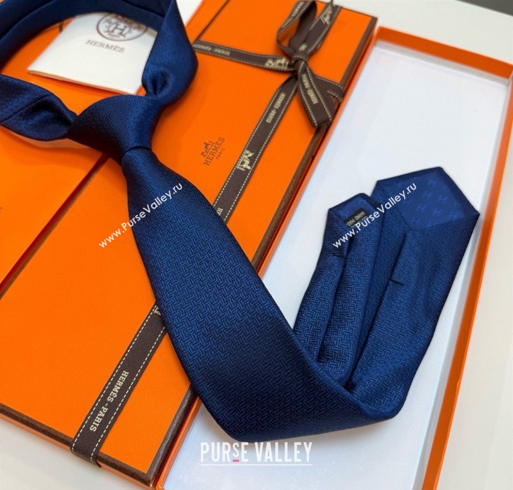 Hermes Unie Fer a Cheval Silk Tie Navy Blue 2025 HS091033 (XMN-250910102)