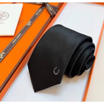 Hermes Unie Fer a Cheval Silk Tie Black 2025 HS091033 (XMN-250910103)