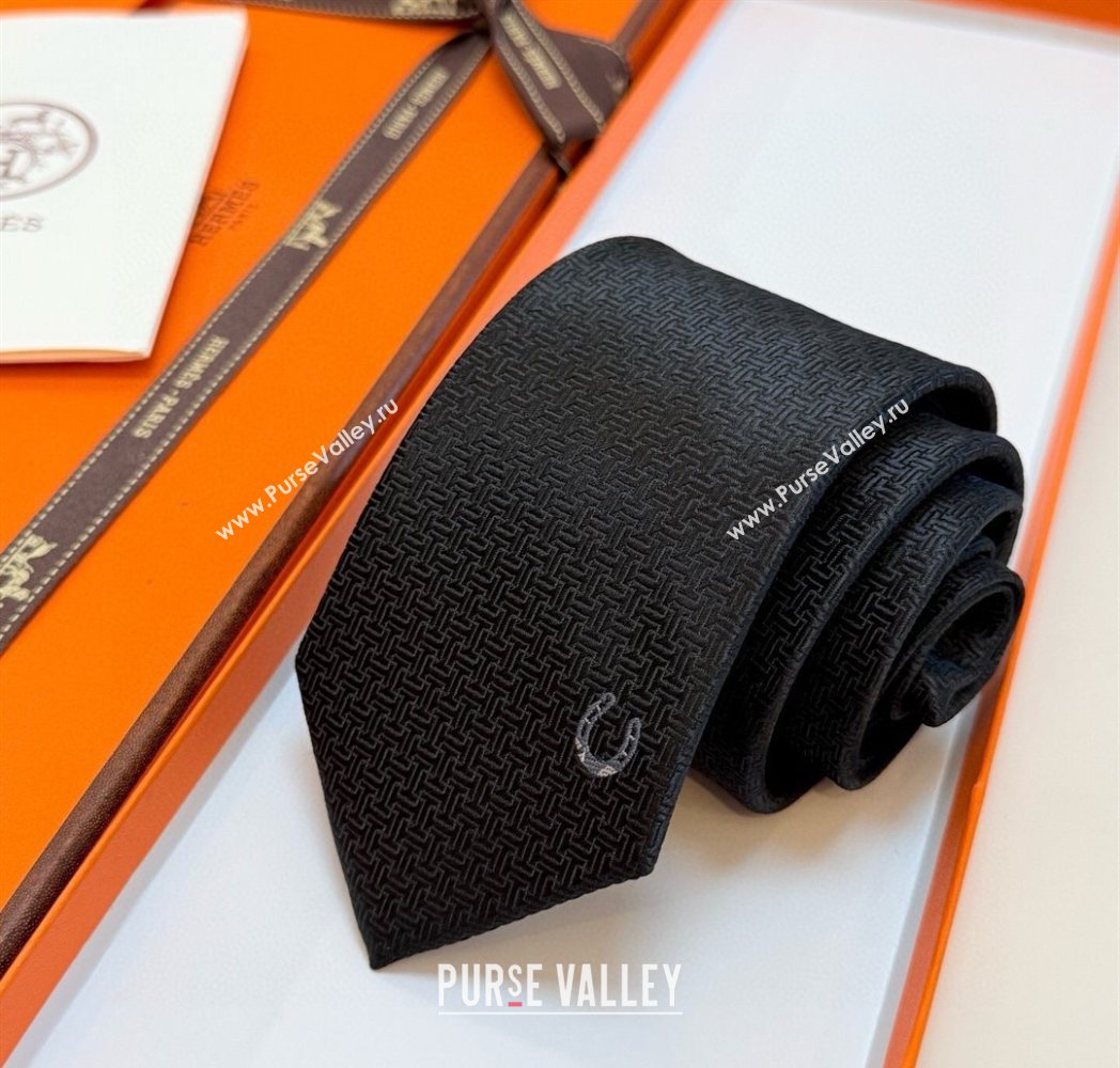 Hermes Unie Fer a Cheval Silk Tie Black 2025 HS091033 (XMN-250910103)