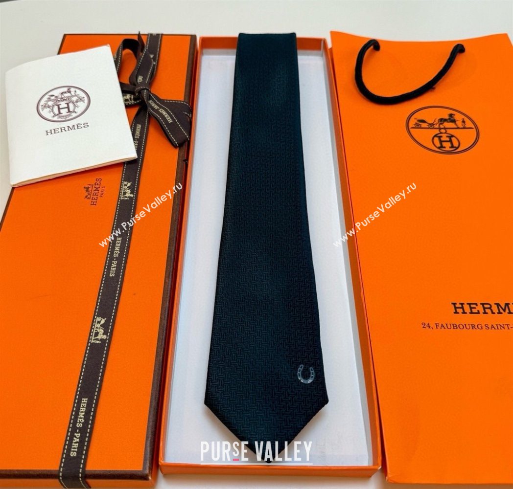 Hermes Unie Fer a Cheval Silk Tie Black 2025 HS091033 (XMN-250910103)