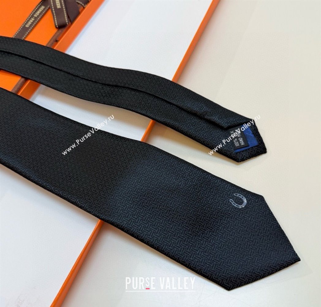 Hermes Unie Fer a Cheval Silk Tie Black 2025 HS091033 (XMN-250910103)