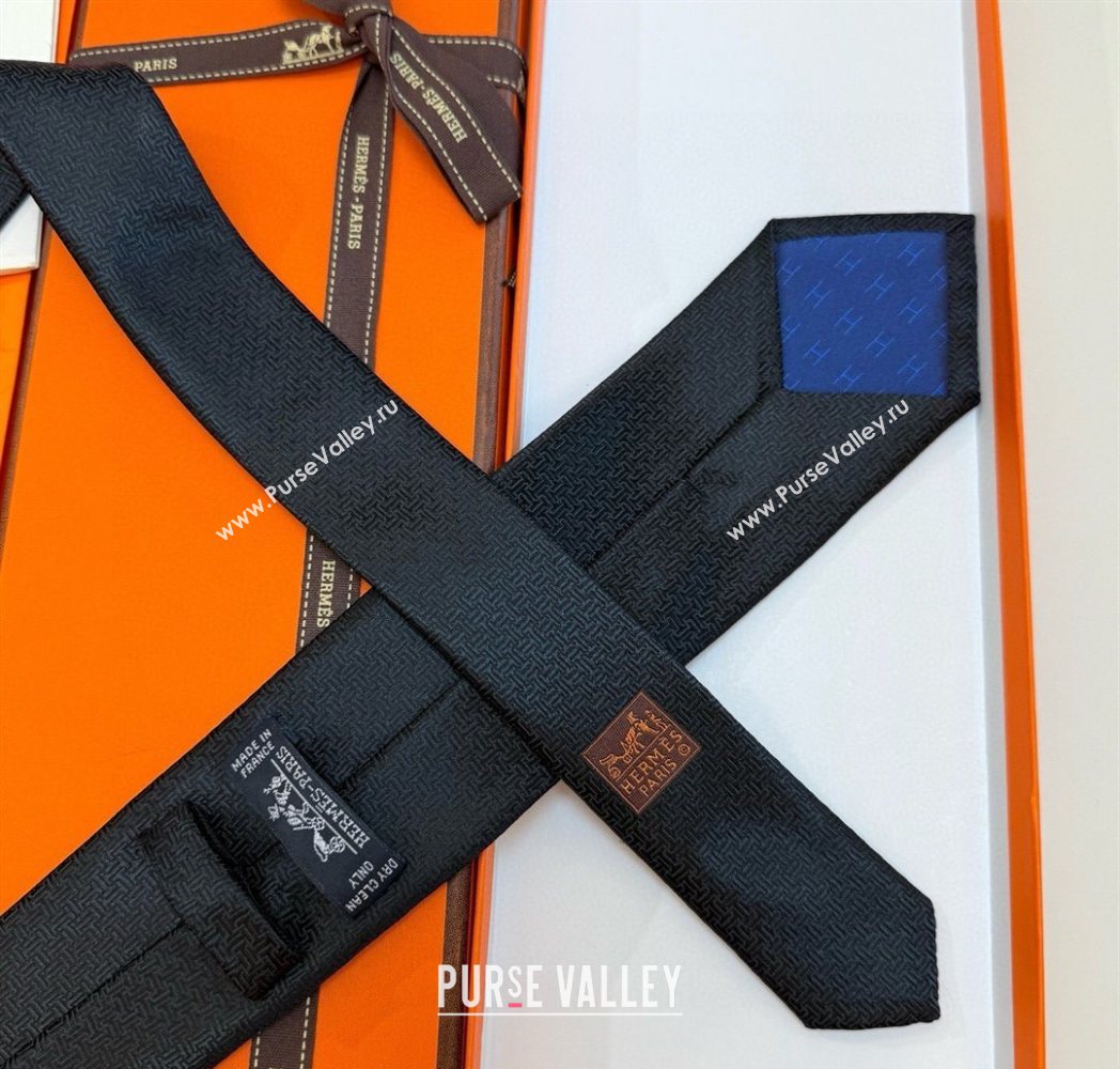 Hermes Unie Fer a Cheval Silk Tie Black 2025 HS091033 (XMN-250910103)