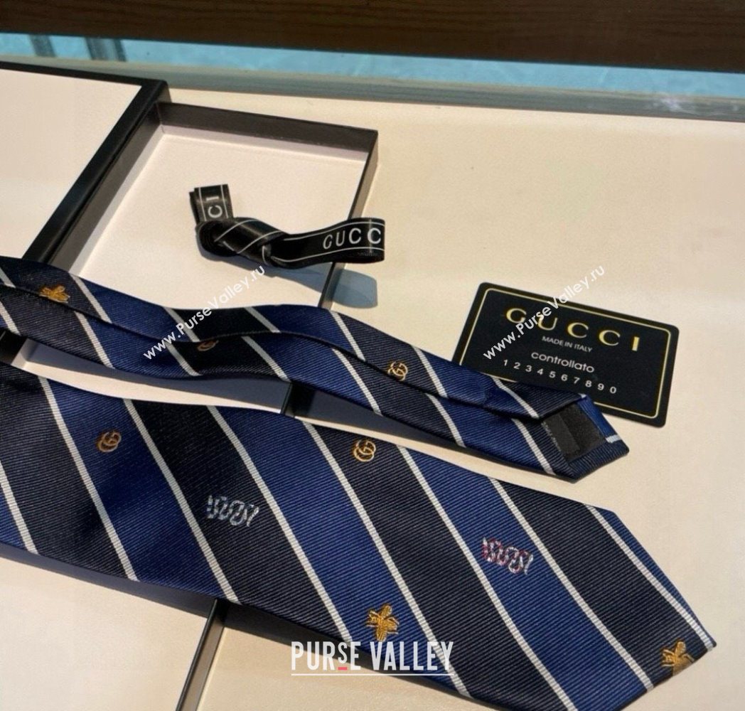 Gucci Striped Silk Tie Blue/Black 2025 GG091036 (XMN-250910114)