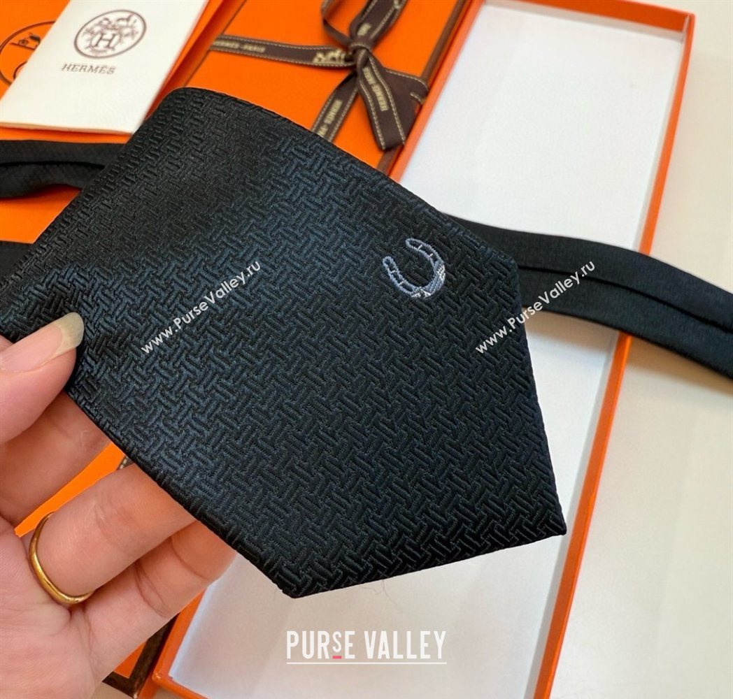 Hermes Unie Fer a Cheval Silk Tie Black 2025 HS091033 (XMN-250910103)