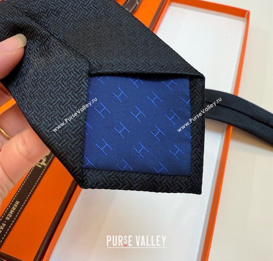 Hermes Unie Fer a Cheval Silk Tie Black 2025 HS091033 (XMN-250910103)