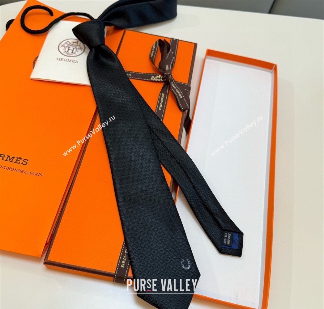 Hermes Unie Fer a Cheval Silk Tie Black 2025 HS091033 (XMN-250910103)