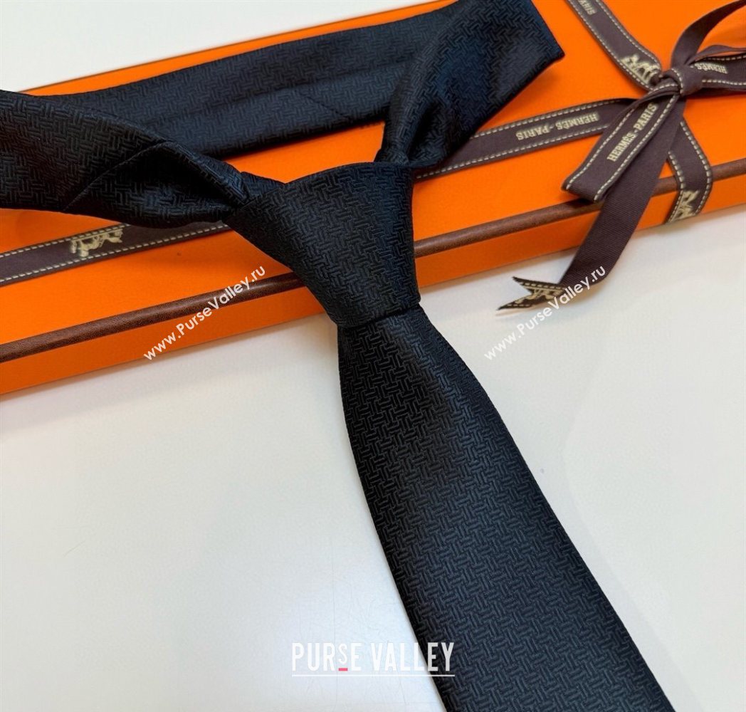 Hermes Unie Fer a Cheval Silk Tie Black 2025 HS091033 (XMN-250910103)