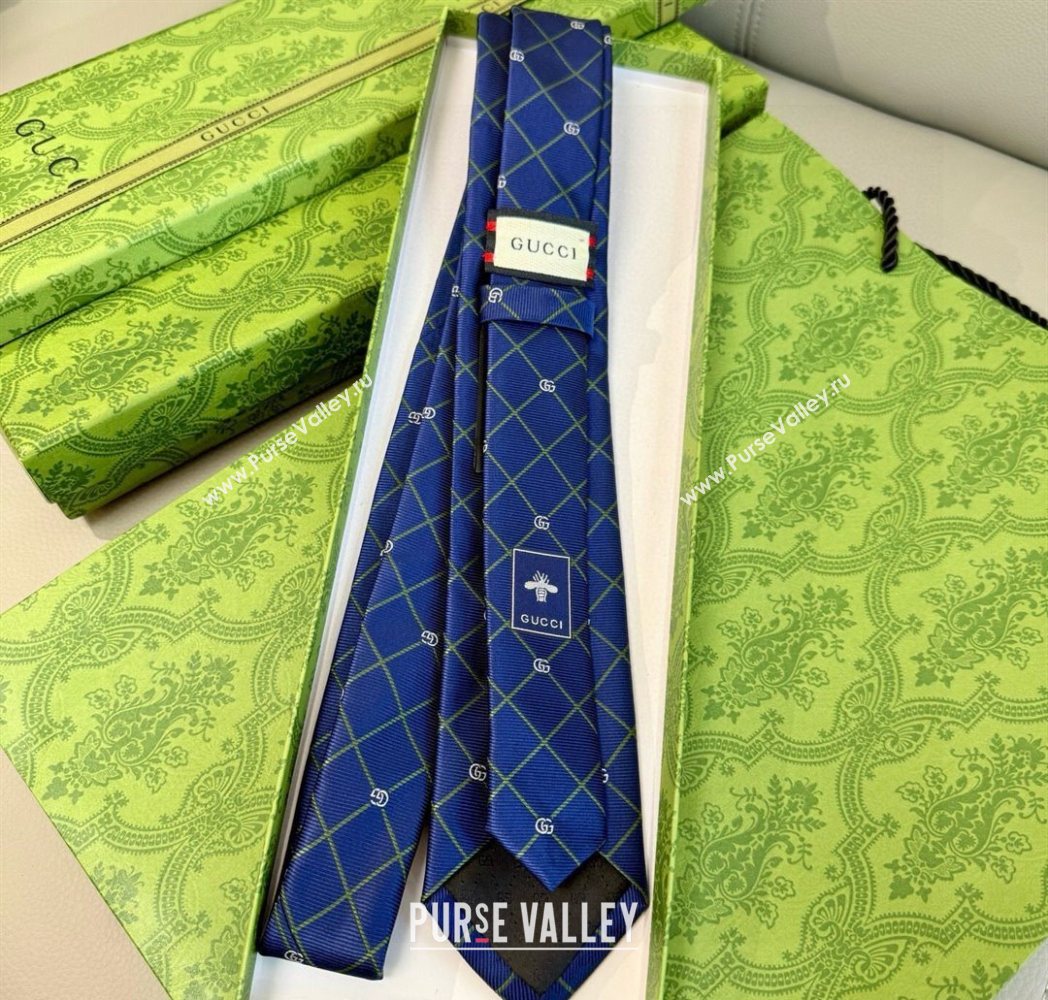 Gucci GG Plaid Silk Tie Navy Blue 2025 GG091037 (XMN-250910118)