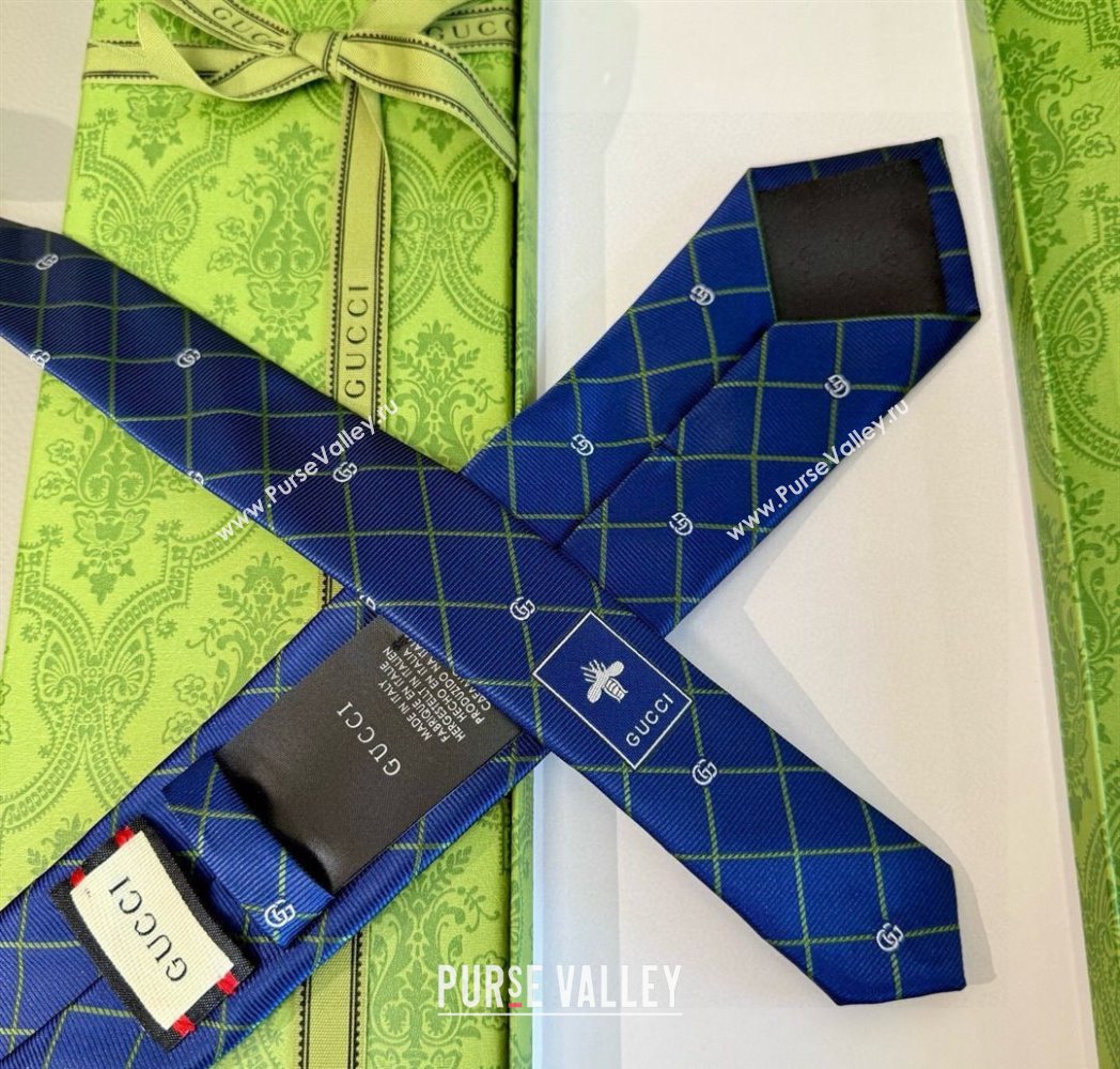 Gucci GG Plaid Silk Tie Navy Blue 2025 GG091037 (XMN-250910118)