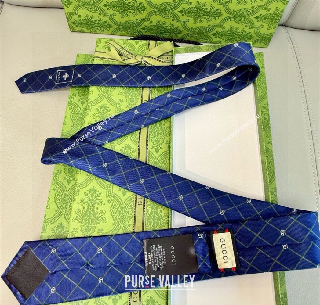 Gucci GG Plaid Silk Tie Navy Blue 2025 GG091037 (XMN-250910118)