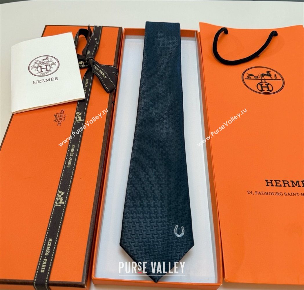 Hermes Unie Fer a Cheval Silk Tie Dark Grey 2025 HS091033 (XMN-250910104)