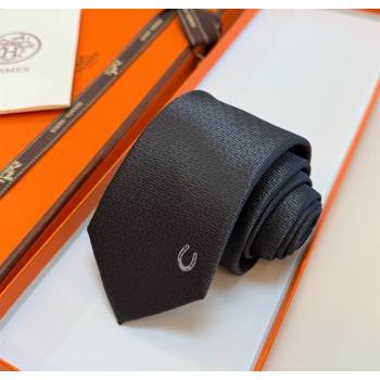 Hermes Unie Fer a Cheval Silk Tie Dark Grey 2025 HS091033 (XMN-250910104)