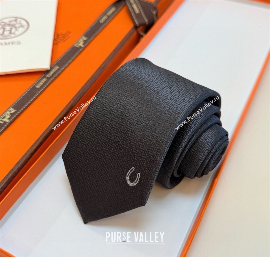 Hermes Unie Fer a Cheval Silk Tie Dark Grey 2025 HS091033 (XMN-250910104)