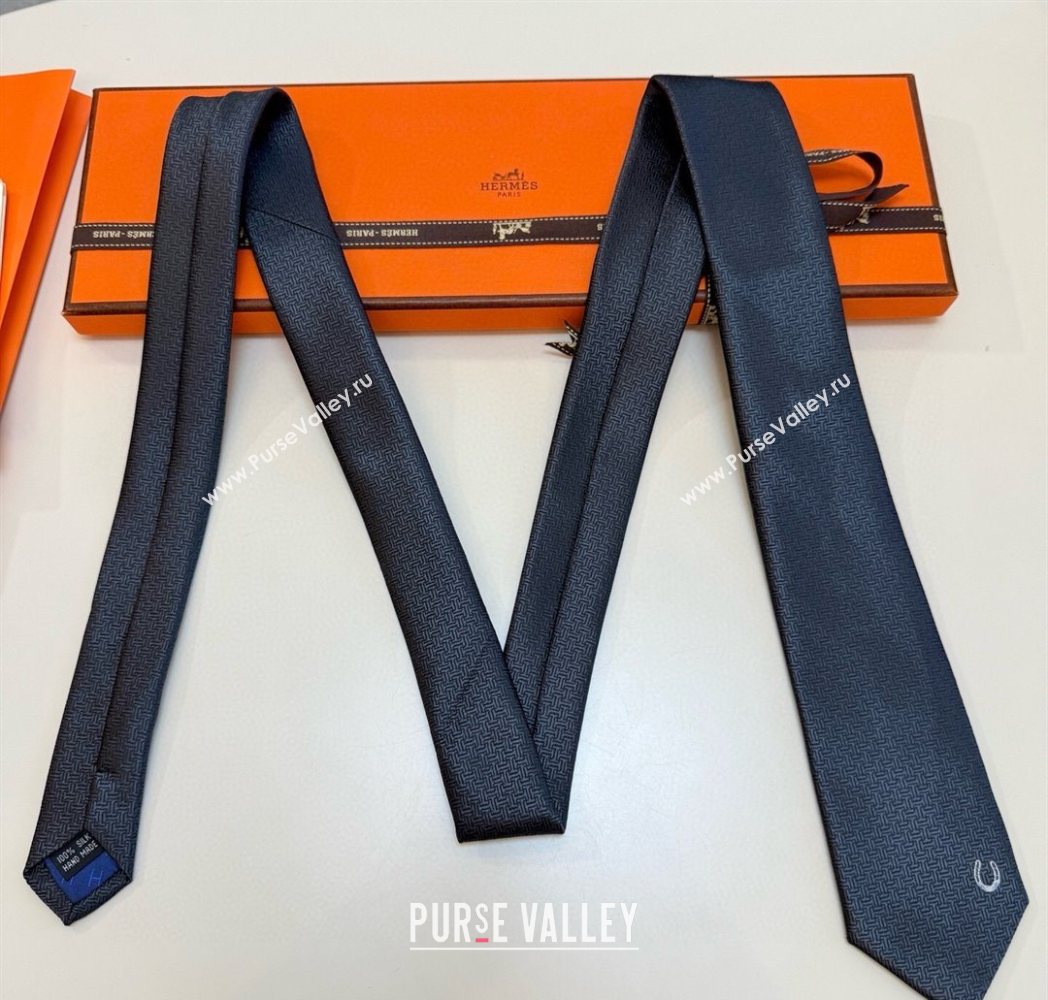 Hermes Unie Fer a Cheval Silk Tie Dark Grey 2025 HS091033 (XMN-250910104)