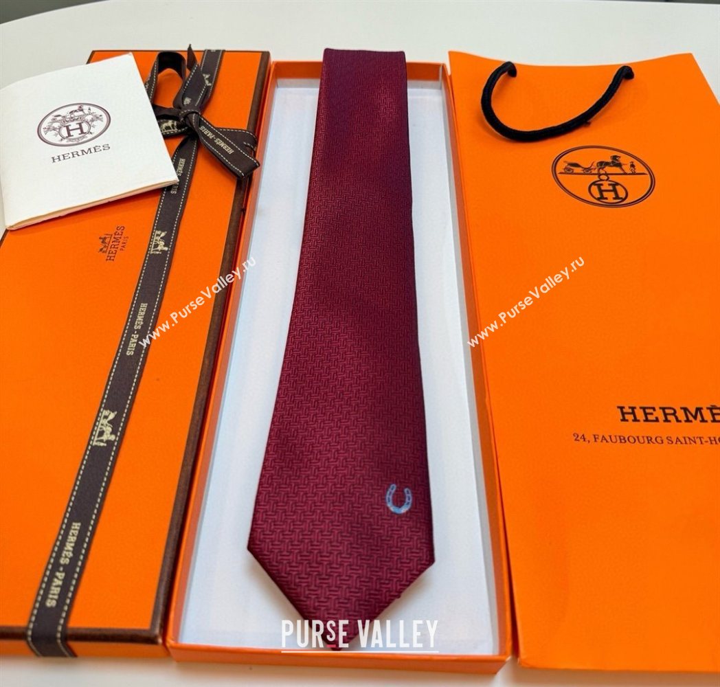 Hermes Unie Fer a Cheval Silk Tie Red 2025 HS091033 (XMN-250910105)