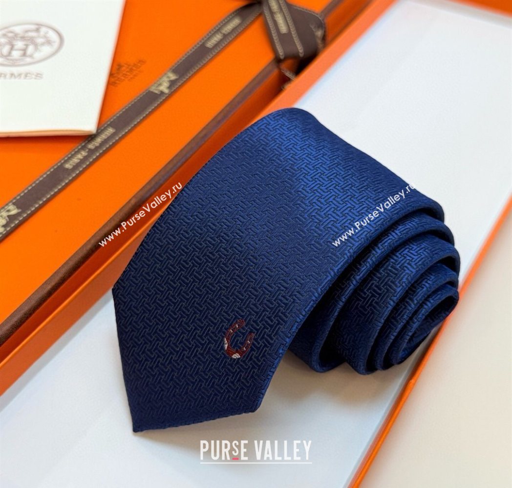 Hermes Unie Fer a Cheval Silk Tie Navy Blue 2025 HS091033 (XMN-250910102)