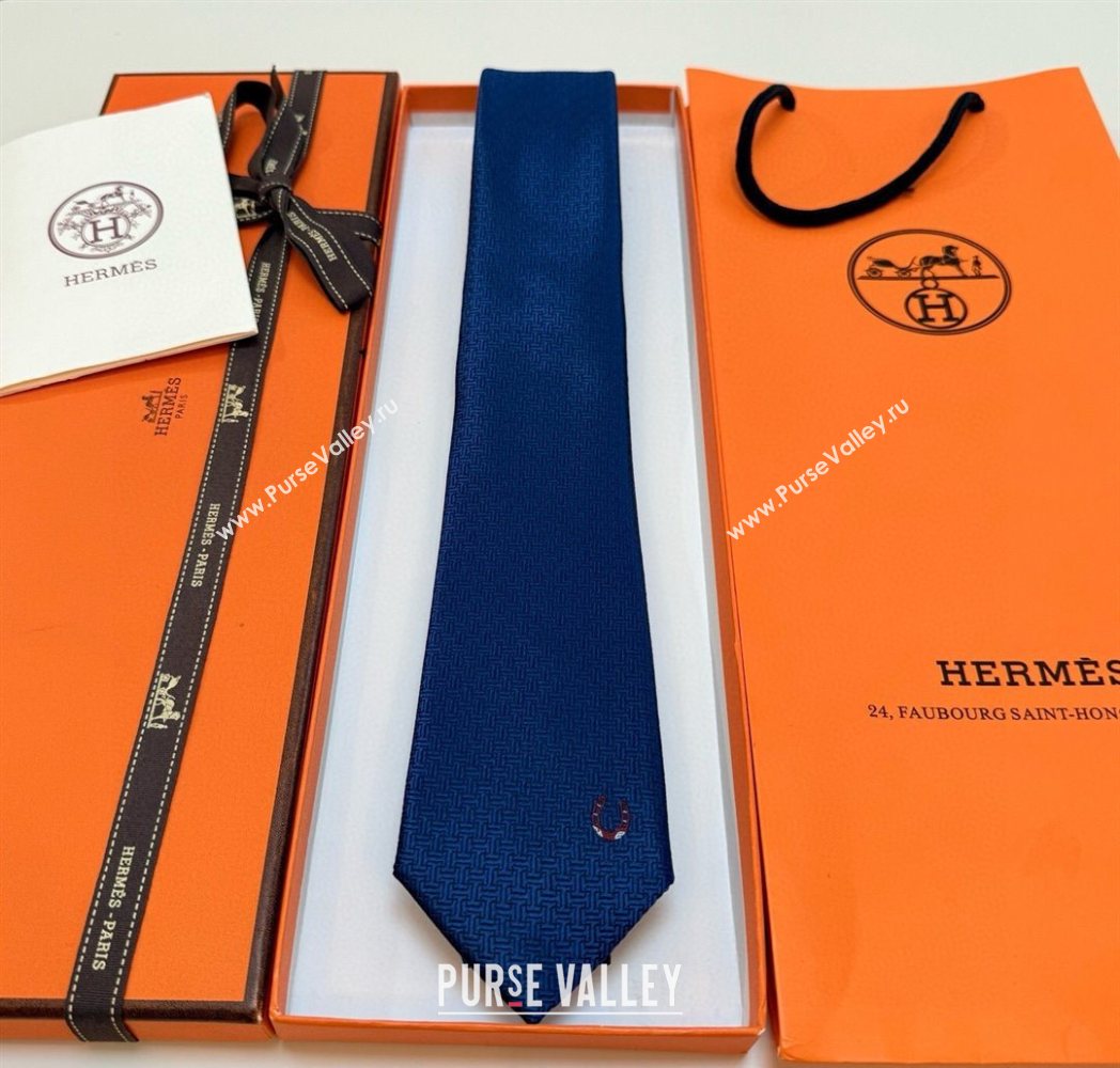 Hermes Unie Fer a Cheval Silk Tie Navy Blue 2025 HS091033 (XMN-250910102)