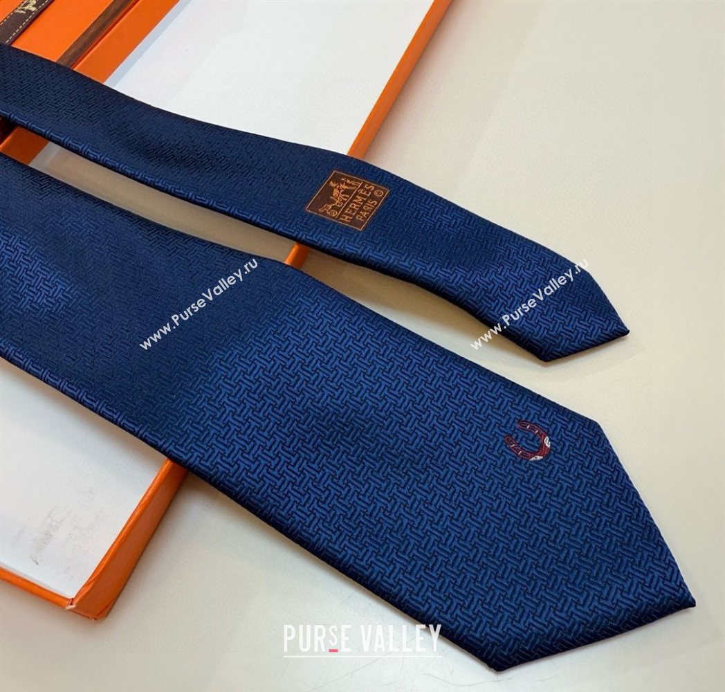 Hermes Unie Fer a Cheval Silk Tie Navy Blue 2025 HS091033 (XMN-250910102)