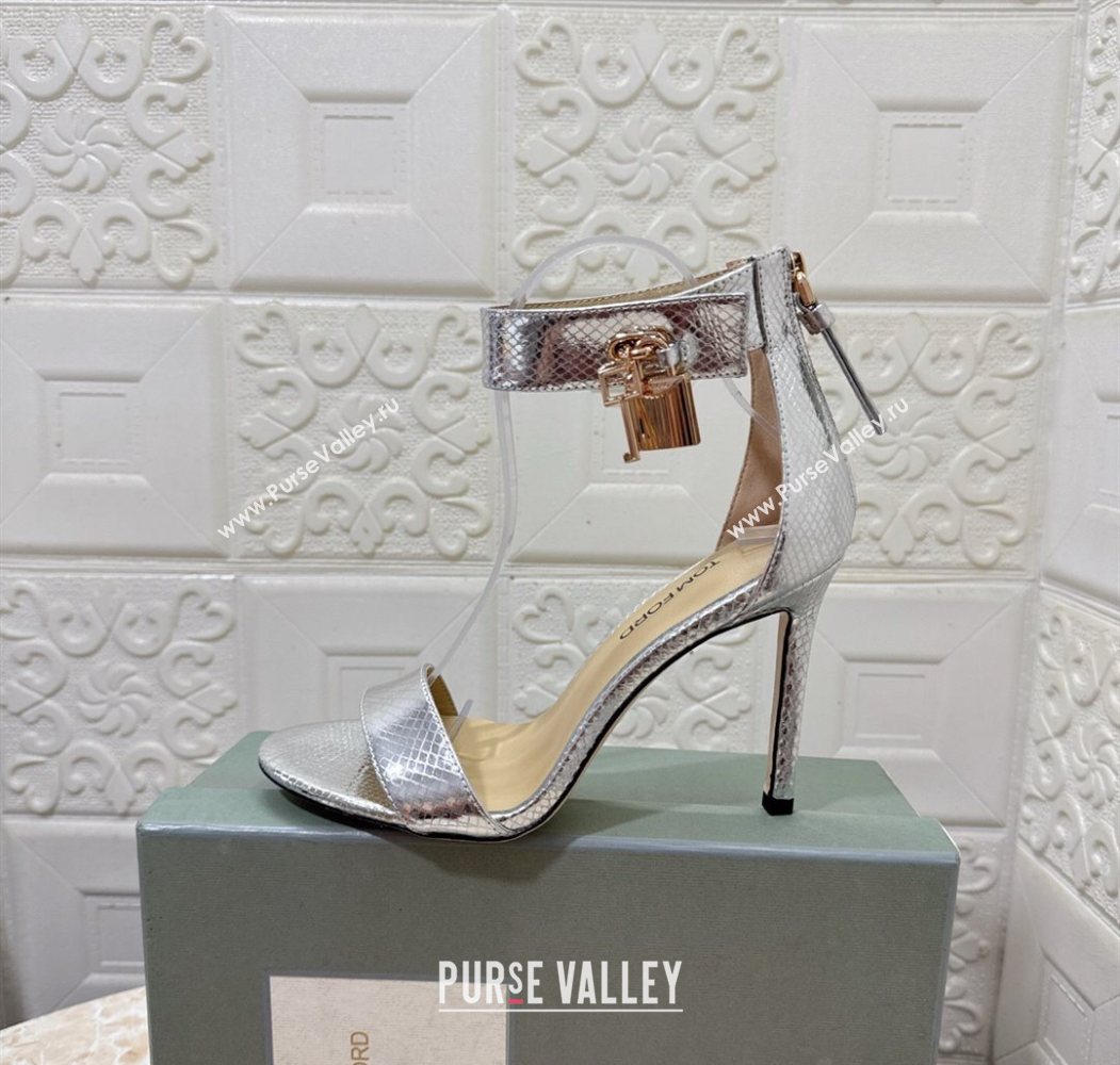 Tom Ford Padlock Heel Sandals 10.5cm in Snakeskin Embossed Leather Silver 2025 1028 (MD-251028045)