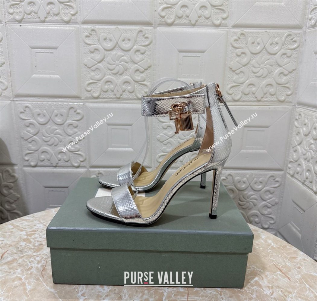 Tom Ford Padlock Heel Sandals 10.5cm in Snakeskin Embossed Leather Silver 2025 1028 (MD-251028045)