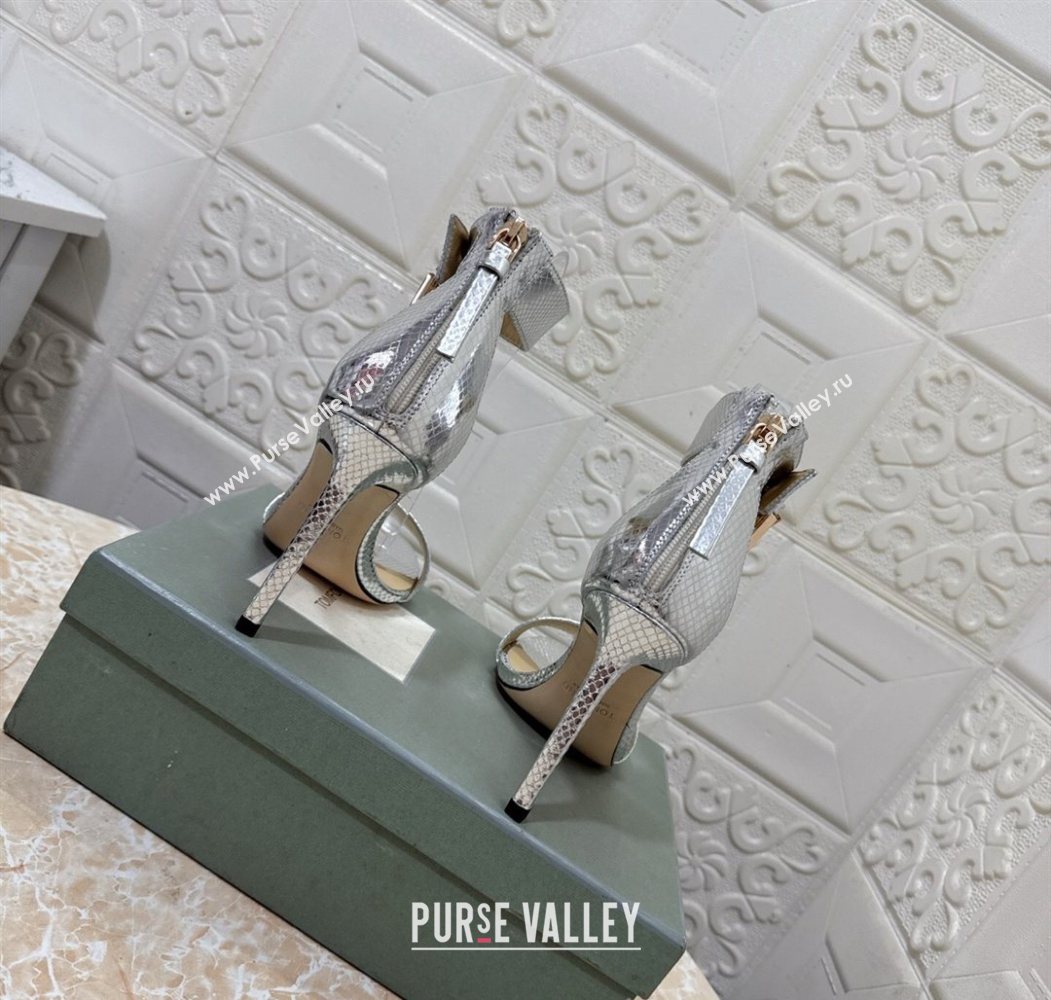 Tom Ford Padlock Heel Sandals 10.5cm in Snakeskin Embossed Leather Silver 2025 1028 (MD-251028045)