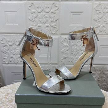 Tom Ford Padlock Heel Sandals 10.5cm in Snakeskin Embossed Leather Silver 2025 1028 (MD-251028045)