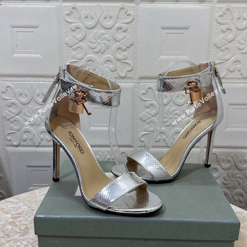 Tom Ford Padlock Heel Sandals 10.5cm in Snakeskin Embossed Leather Silver 2025 1028 (MD-251028045)