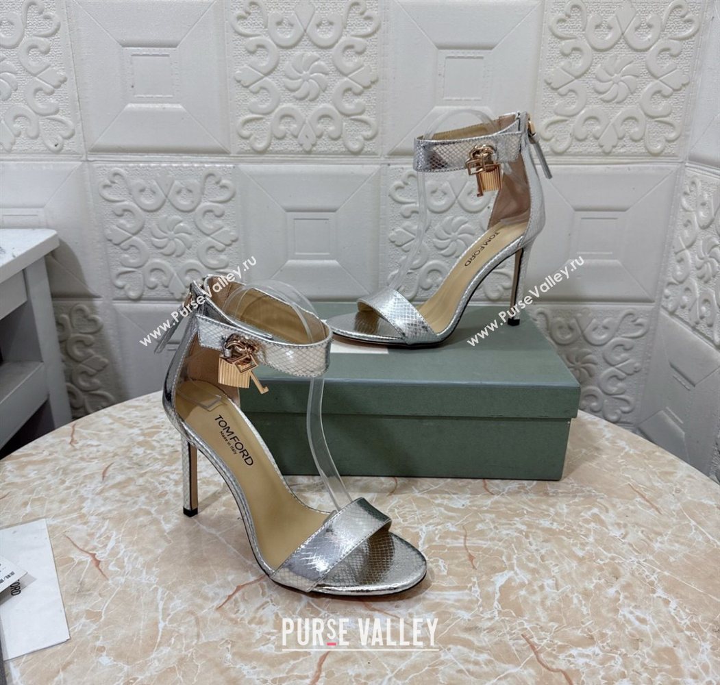 Tom Ford Padlock Heel Sandals 10.5cm in Snakeskin Embossed Leather Silver 2025 1028 (MD-251028045)