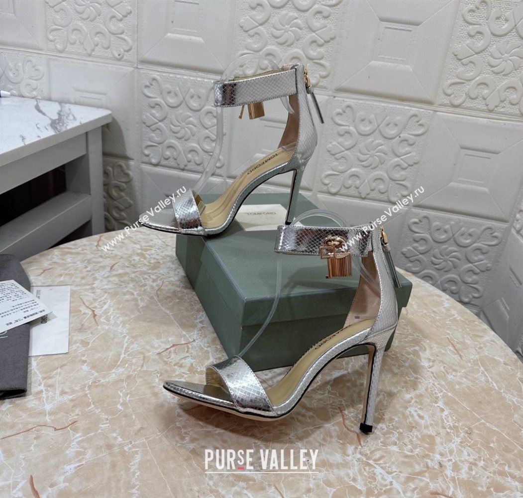Tom Ford Padlock Heel Sandals 10.5cm in Snakeskin Embossed Leather Silver 2025 1028 (MD-251028045)