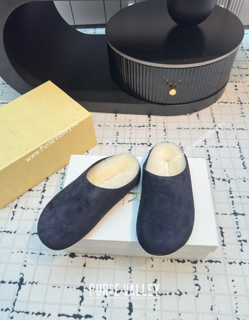 The Row Hudson Flat Mules in Suede and Wool Blue 2025 1208 (MD-251208130)