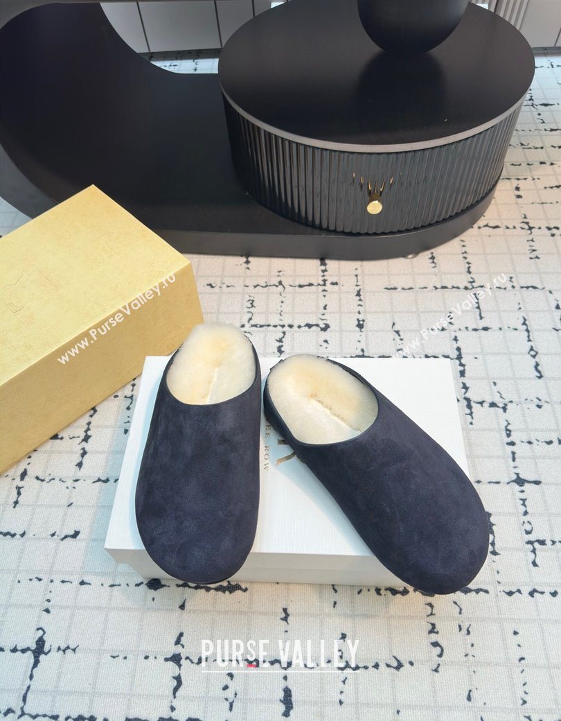 The Row Hudson Flat Mules in Suede and Wool Blue 2025 1208 (MD-251208130)