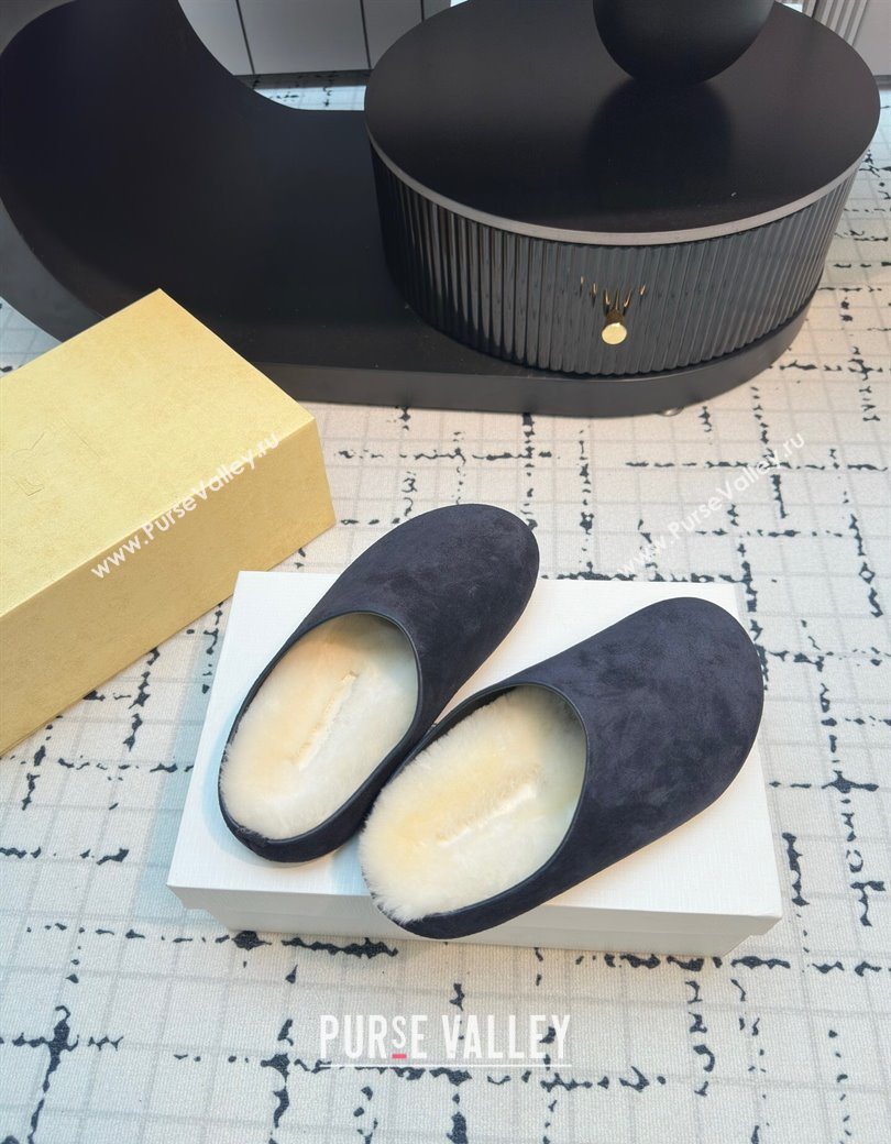 The Row Hudson Flat Mules in Suede and Wool Blue 2025 1208 (MD-251208130)