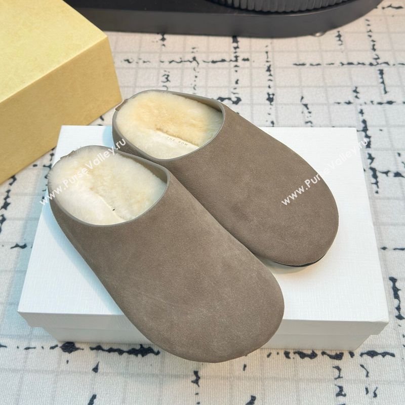 The Row Hudson Flat Mules in Suede and Wool Grey 2025 1208 (MD-251208129)