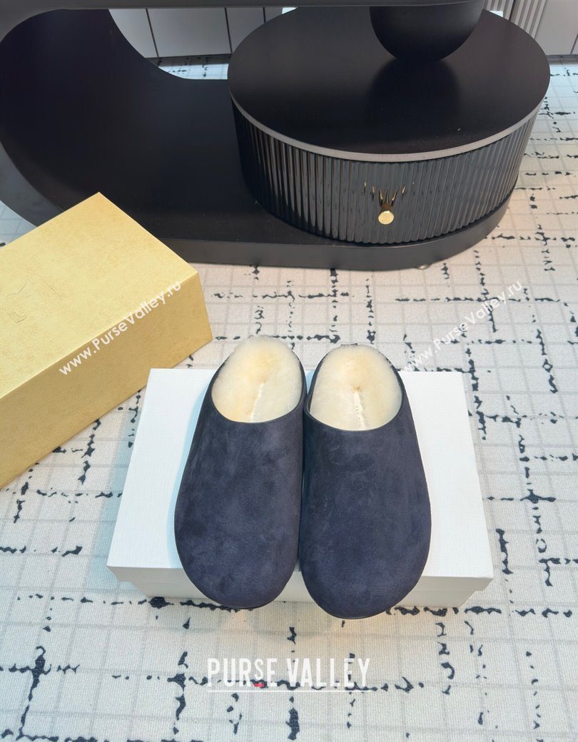 The Row Hudson Flat Mules in Suede and Wool Blue 2025 1208 (MD-251208130)