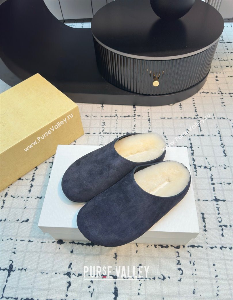 The Row Hudson Flat Mules in Suede and Wool Blue 2025 1208 (MD-251208130)