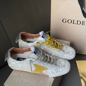 Golden Goose Womens True-Star in white sequins with yellow star and silver leather heel tab 2025 0902 (13-250902107)