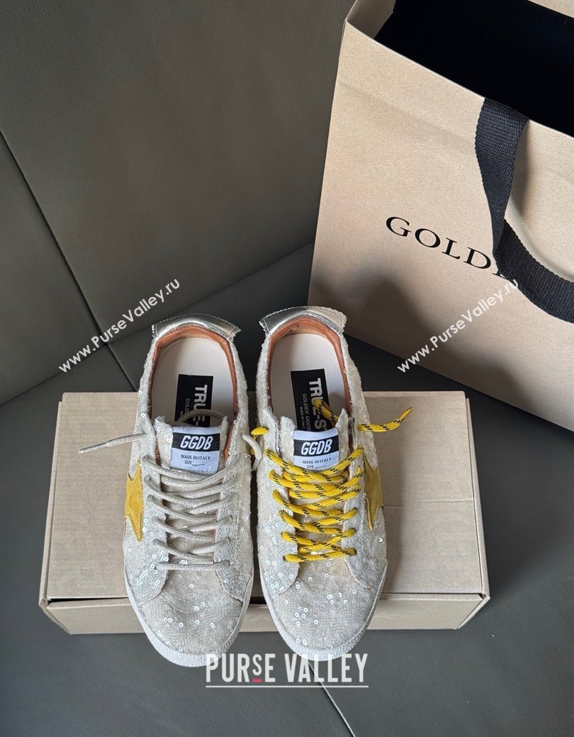 Golden Goose Womens True-Star in white sequins with yellow star and silver leather heel tab 2025 0902 (13-250902107)