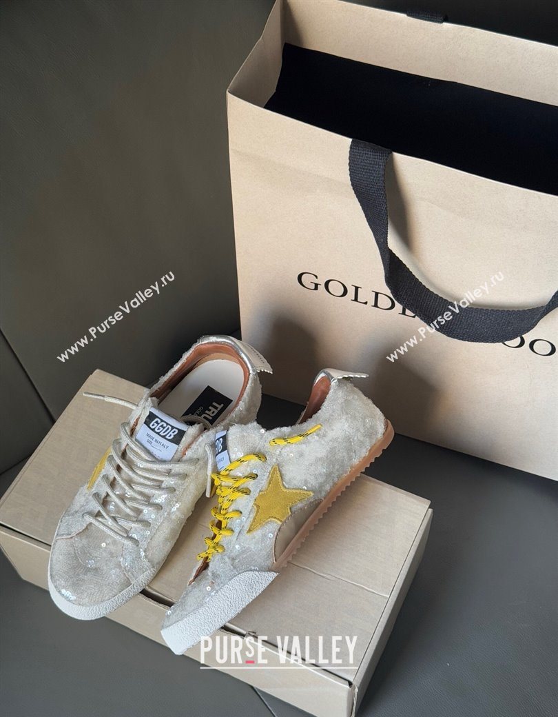 Golden Goose Womens True-Star in white sequins with yellow star and silver leather heel tab 2025 0902 (13-250902107)