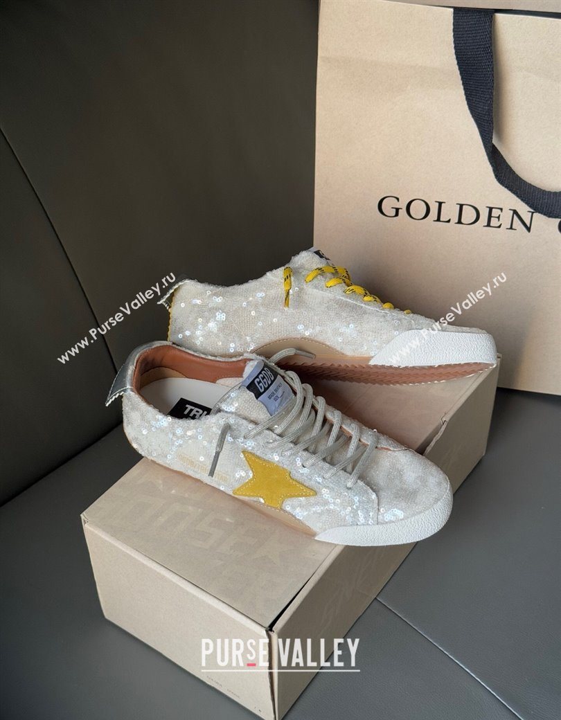 Golden Goose Womens True-Star in white sequins with yellow star and silver leather heel tab 2025 0902 (13-250902107)